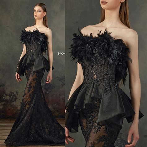 Elegent Black Mermaid Windsor Black Prom Dress Sleeveless Strapless Applique Crystal Feather