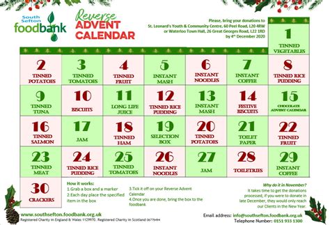 Reverse Advent Calendar Food Bank Challenge Reverse Advent Calendar