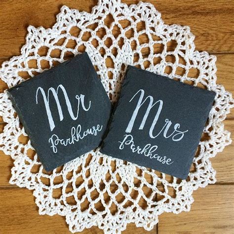 Chalk Written Slate Coasters For The New Mr And Mrs Handmade Crochet Doily Also By Me