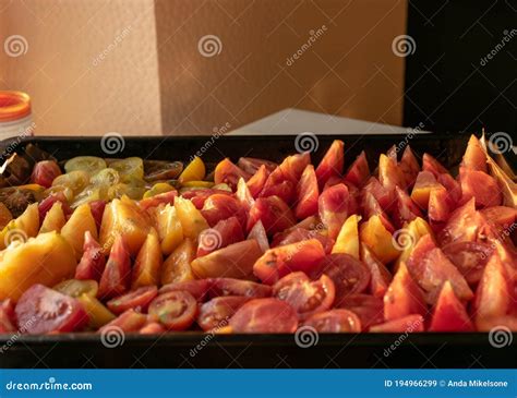 Tray With Sliced Tomatoes Different Colors And Shapes Autumn Harvest