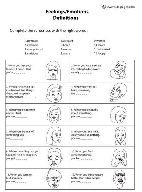 Feelings Definitions Bandw Worksheets Emotions Activities Teaching