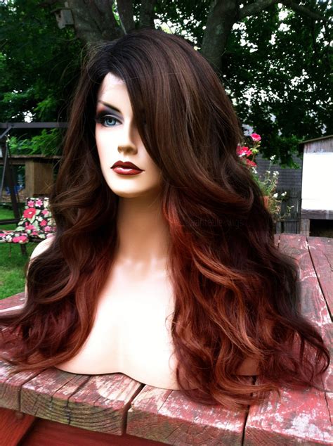 Auburn Lace Front Wig Ombre Brown Red Curly Heat Safe Etsy Red Hair Dark Roots Hair