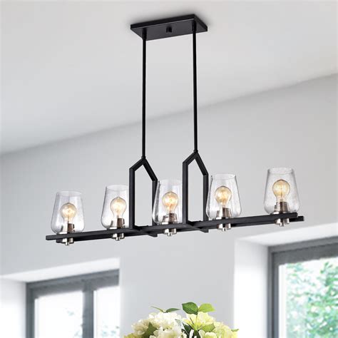 5 Light Black Wrought Iron Linear Kitchen Island Chandelier With Glass