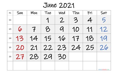 Printable June 2021 Calendar 6 Templates