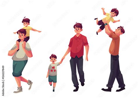 father and son set of cartoon vector illustrations isolated on white background dad carrying