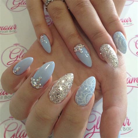 Almond Nails With Glitter Swarovski Crystals And Lace Details Blue