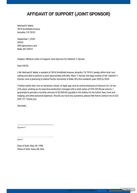 Affidavit Of Support Letter For Visa