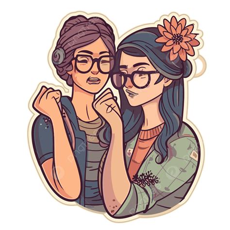 안경을 쓴 두 여자의 스티커와 꽃 클립 아트 벡터 만화 여자 오른쪽 절연 스티커 디자인 상표 Png 일러스트 및 벡터 에 대한 무료 다운로드 Pngtree