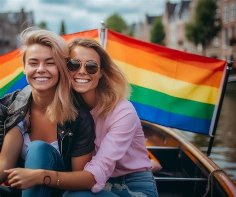 Premium Ai Image Happy Lesbian Couple In A Boat In Amsterdam With Rainbow Flag Patterns