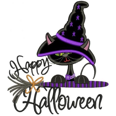 Happy Halloween Black Cat Witch On A Broom Halloween Applique Machine