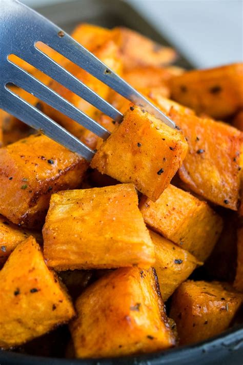 These sweet potatoes are diced, then seasoned and roasted in the oven. Oven Roasted Sweet Potatoes (One Pan) | One Pot Recipes