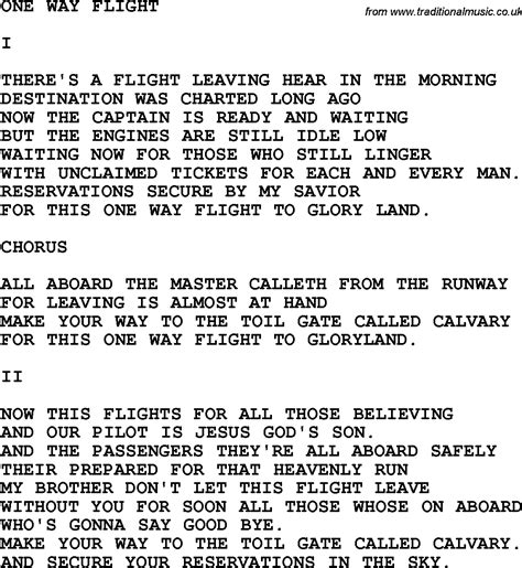Country Southern And Bluegrass Gospel Song One Way Flight Lyrics