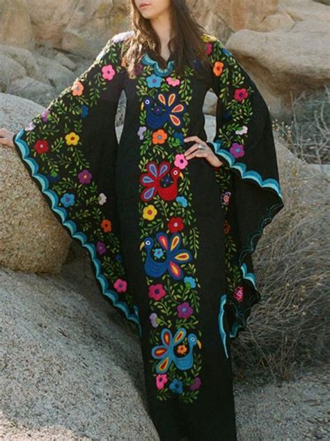 black mexican embroidered print v neck flare long sleeve double slit bohemian maxi dress maxi