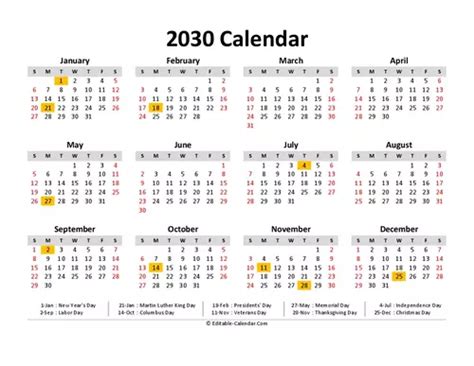 2030 Calendar With Us Holidays Editable In Excel Word Pdf