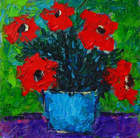 Red Wildflowers In Blue Pot Abstract Modern