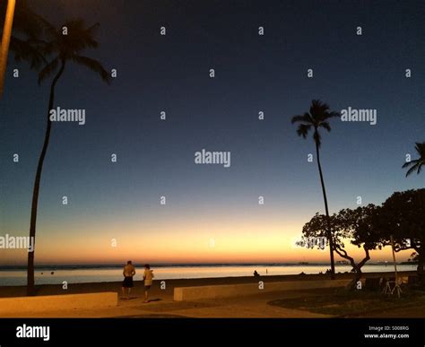 Sunset At Ala Moana Beach Park Oahu Hawaii Stock Photo Alamy