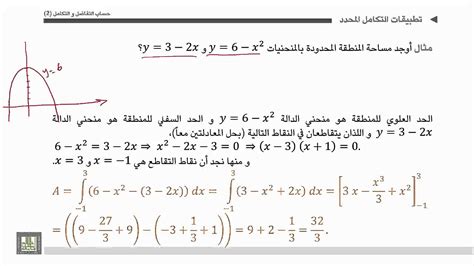 حساب التفاضل و التكامل 2 الوحدة 2 أمثلة على حساب مساحة منطقة محصورة