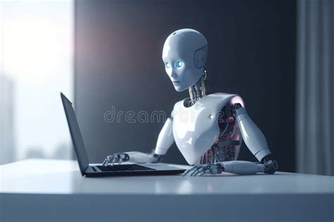 Humanoid Robot Working With Laptop Computer In Office Generative Ai