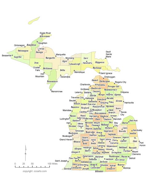State Of Michigan County Map With The County Seats Cccarto