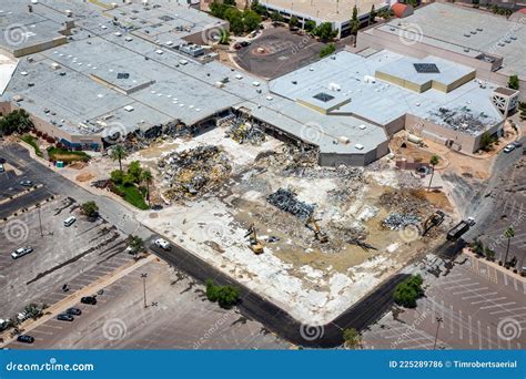 Demolition Of A Once Popular Shopping Mall Viewed From Above Stock
