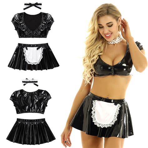 3pcs Womens Wet Look Patent Leather French Maid Cosplay Costumes Outfit Wish