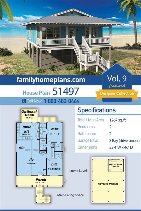 May you like beach house plans on piers. Beach Bungalow Style Home Plan on a Pier Foundation - Two Beds and Two Baths at Family Home P ...