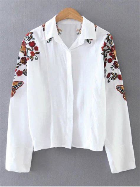 2018 Cropped Flower Embroidered Shirt In White M Zaful