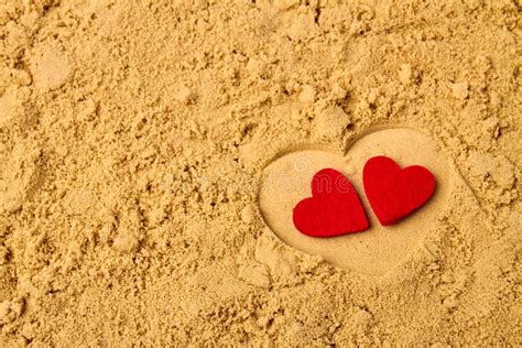 Two Red Hearts On The Beach Sand Stock Photo Image Of Beach Amour