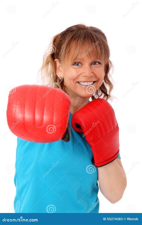 Blonde Mature Woman With Boxing Gloves Punching Stock Image Image Of
