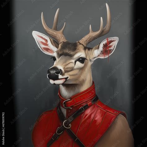 Ai Art Queer Deer Surreal Image Of A Gay Stag Wearing Red Leather Waistcoat Kinky Looking
