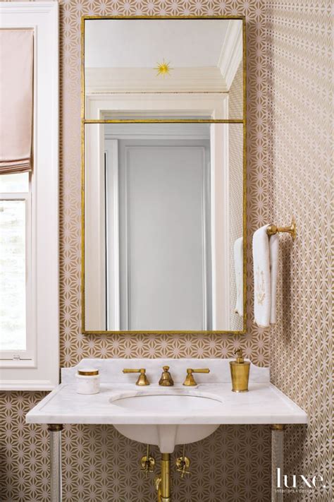Traditional Pink Powder Room With Patterned Wallpaper Pink Powder Room