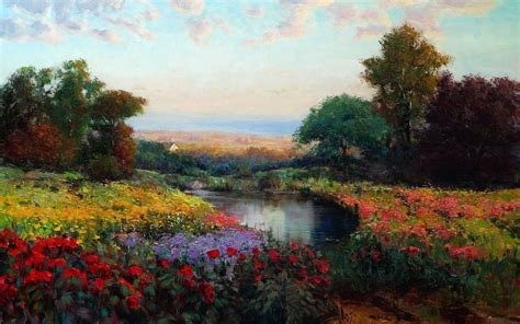 Art Painting Oil Flowers Landscape Lake Eric Wallis Meadow