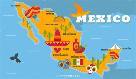 Illustrated Mexico Map With Traditional Elements Cartes Illustrées
