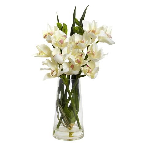 Nearly Natural Cymbidium Orchid Silk Flower With Glass Vase Dress Up Your Daily Life By