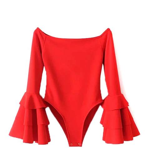 Red Off Shoulder Flare Sleeve Bodysuit 25 Liked On Polyvore