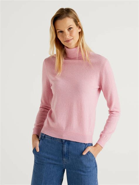 Pink Turtleneck Sweater In Pure Virgin Wool