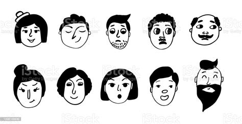 Funny Black And White Faces Set On White Background Vector Doodle