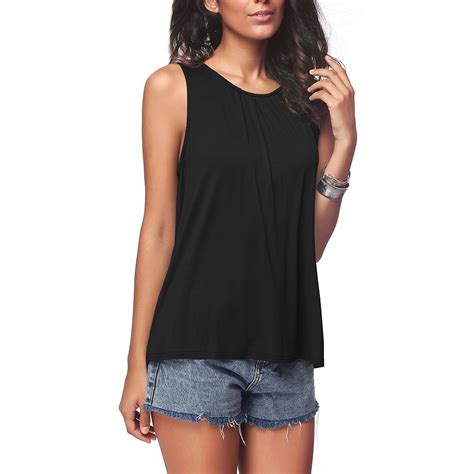 Womens Summer Sleeveless Pleated Casual Cotton Crew Neck Sleeveless T Shirt Tops In T Shirts