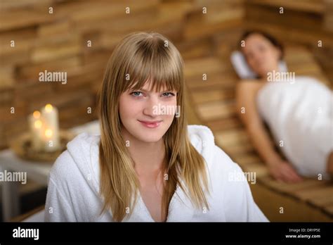 Woman In Bathrobe At Spa Room Stock Photo Alamy