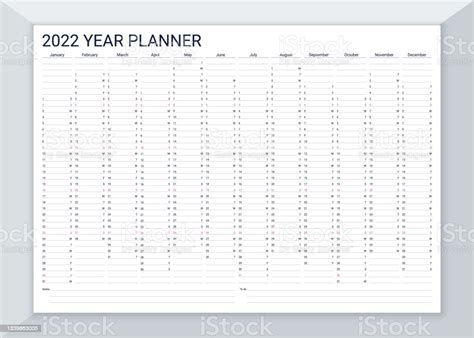 2022 Year Planner Calendar Desk Calender Grid Vector Illustration Stock