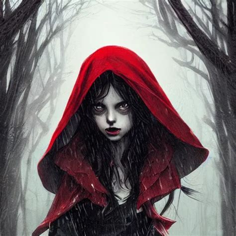 Cute Gothic Little Red Riding Hood In The Rain Stable Diffusion