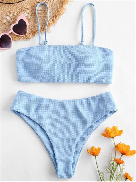 50 Off Popular 2020 Zaful Textured Bandeau Bikini Set In Day Sky