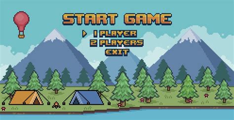 Pixel Art Camping Game Menu Game Selection Menu With Pine Trees Mountains And Tent Bit Vector