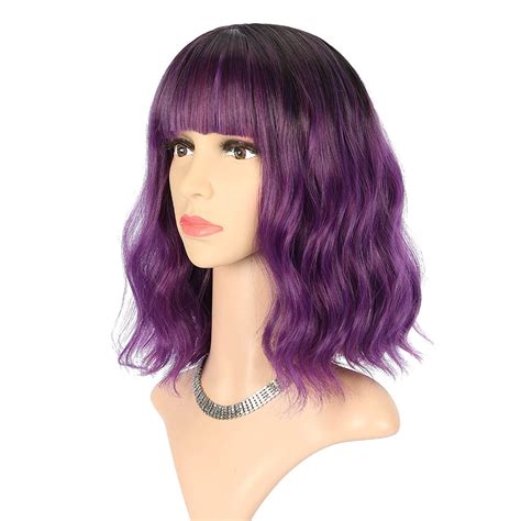 Faelbaty Purple Wig With Bangs Short Bob Synthetic Cosplay Wig For