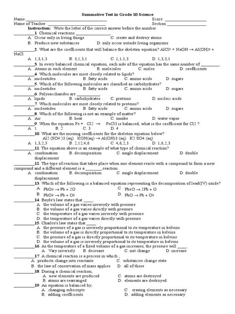 Summative Test In Grade 10 Science Pdf Gases Chemical Reactions