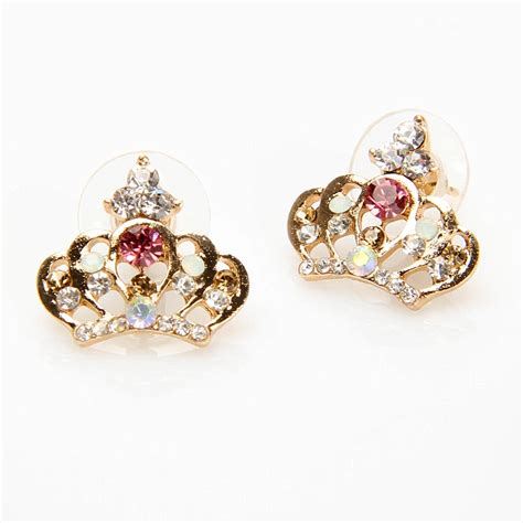 Charming Crown Earrings Cute Rhinestone Colorful Stud Earring Alloy