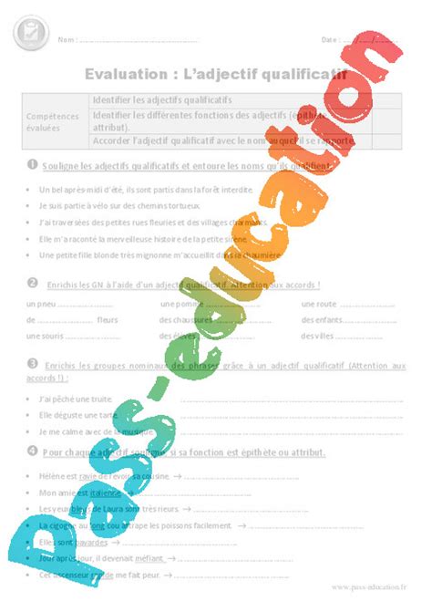 L'adjectif de couleur utilisé seul suit la règle générale des adjectifs et s'accorde en genre et en nombre avec le nom qu'il qualifie. Adjectifs qualificatifs - Cm1 - Evaluation avec le corrigé ...