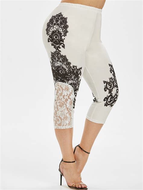 OFF Printed Lace Panel High Waisted Plus Size Capri Leggings In WHITE DressLily