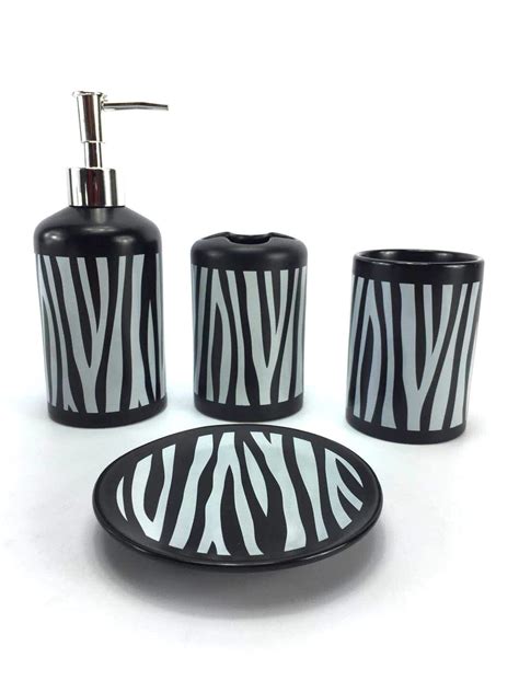 Wpm 4 Piece Ceramic Bath Accessory Set Black White Zebra Animal Print