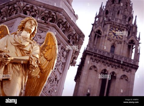 Holy Mary And Angels Statue And Cathedral In Zagreb Croatia Stock Photo